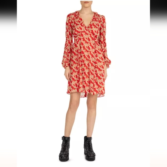 The Kooples Dress Red Long Sleeve Floral Print Size M/L